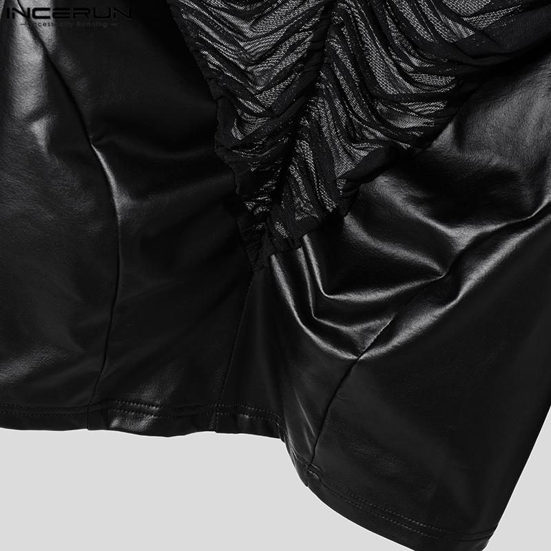 INCERUN Herren Langarm PU Leder Patchwork Durchsichtige Tops Mesh Transparente T-Shirts