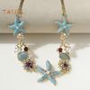 Exaggerated Women Necklace Ocean Theme Starfish Coral Shell Hollow Out Faux Pearl Rhinestone Decor Adjustable Length Lady Vacation Beach Neck Jewelry