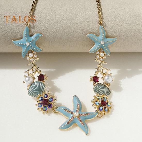 Exaggerated Women Necklace Ocean Theme Starfish Coral Shell Hollow Out Faux Pearl Rhinestone Decor Adjustable Length Lady Vacation Beach Neck Jewelry