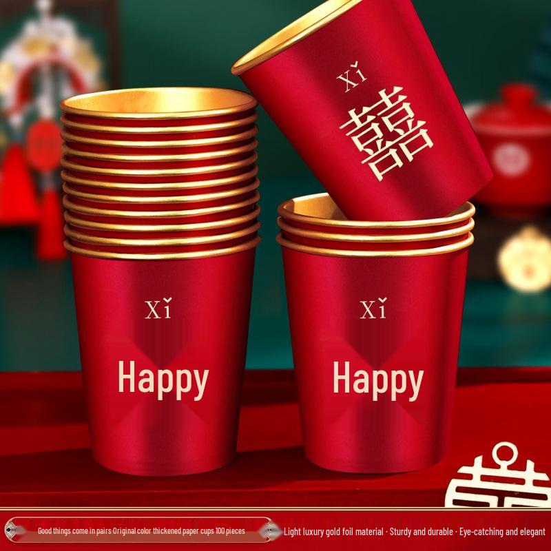 Disposable Gold Foil Wedding Paper Cups with Double Happiness Character - Red Thickened Banquet Cups