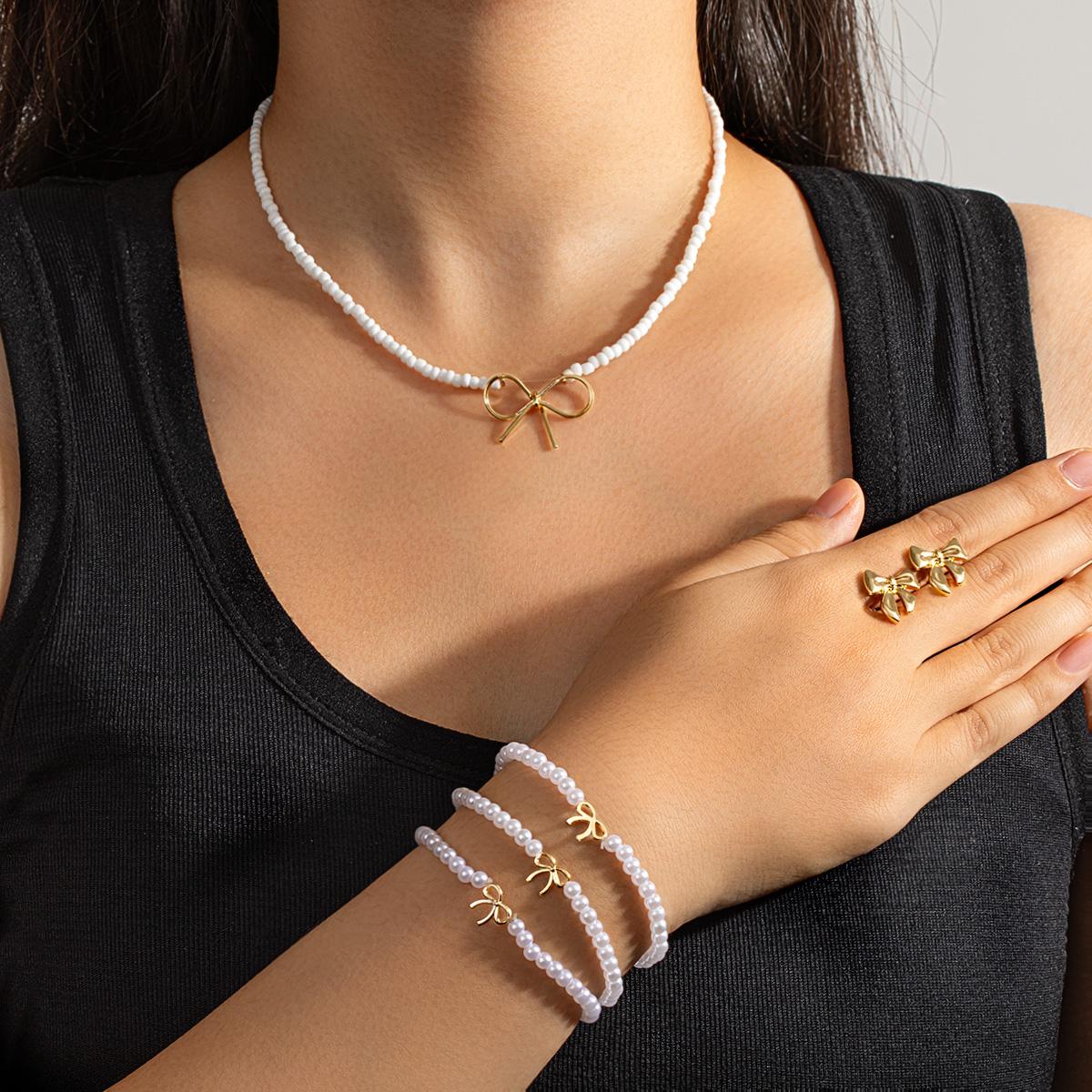 

4-piece Cute Butterfly Knot Imitation Pearl Necklace Multi layer Bracelet Earrings Women s Jewelry Set