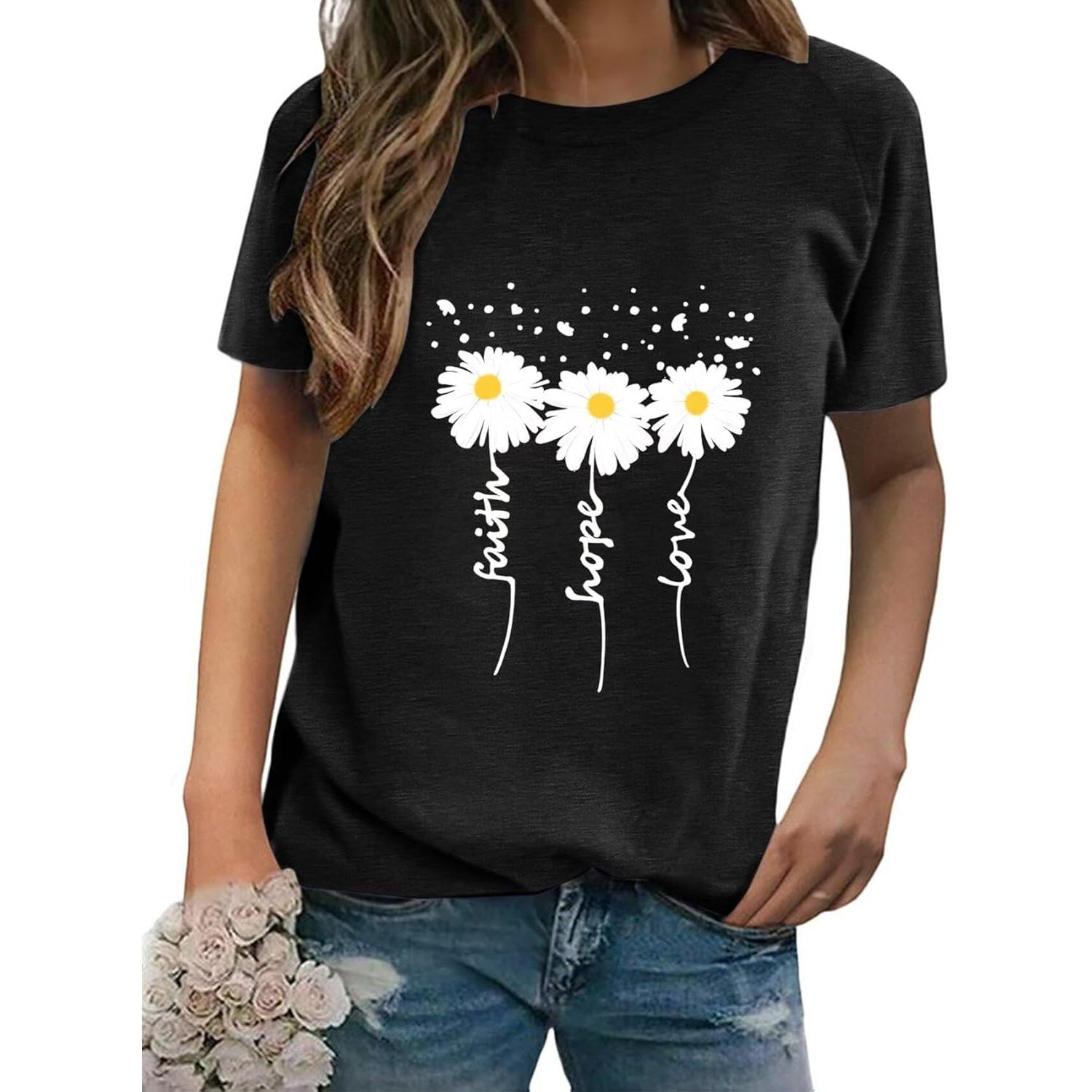 Women Crewneck Daisy Print Short Sleeve T-Shirts Summer Faith-Hope-Love Raglan Sleeve Tees Loose Fit Graphic Tops 2024 S чёрный