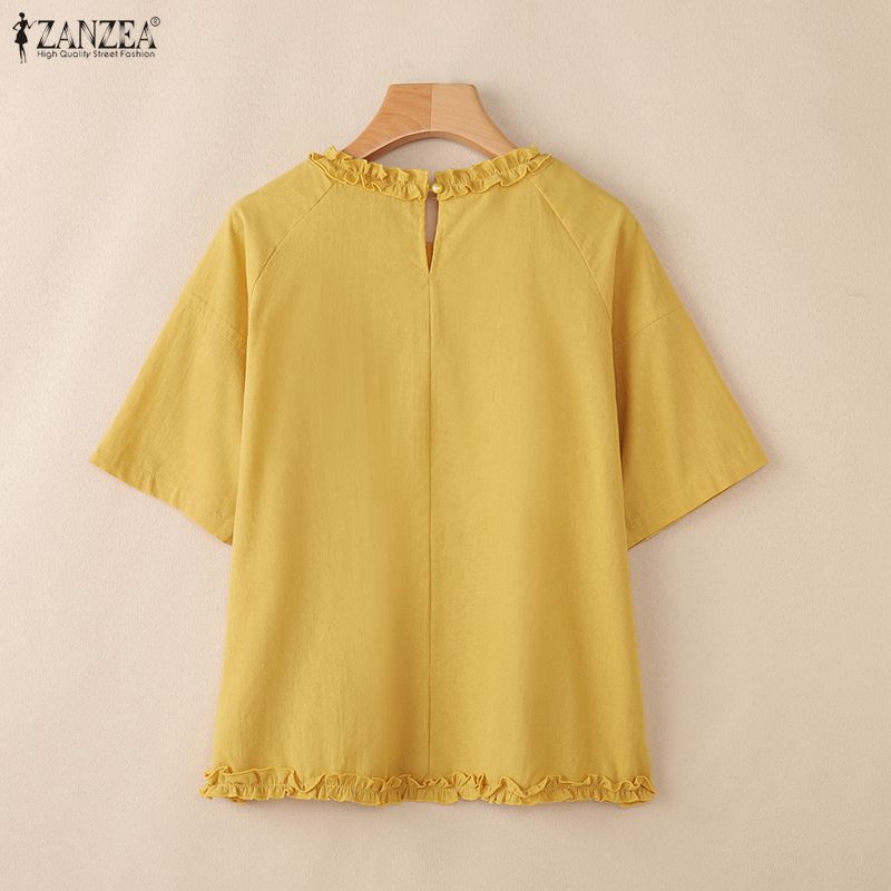 ZANZEA Women Casual Round Neck Solid Color Short Sleeve Blouse