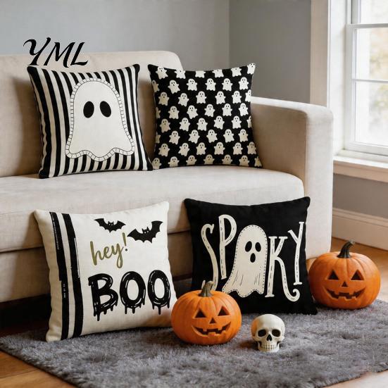 Halloween Ghost Cushion Cover Cover, Spooky Skull Throw Pillow 18x18 Cute Print Home Textiles Inch Case for Living Room Sofa Couch Decor Retro