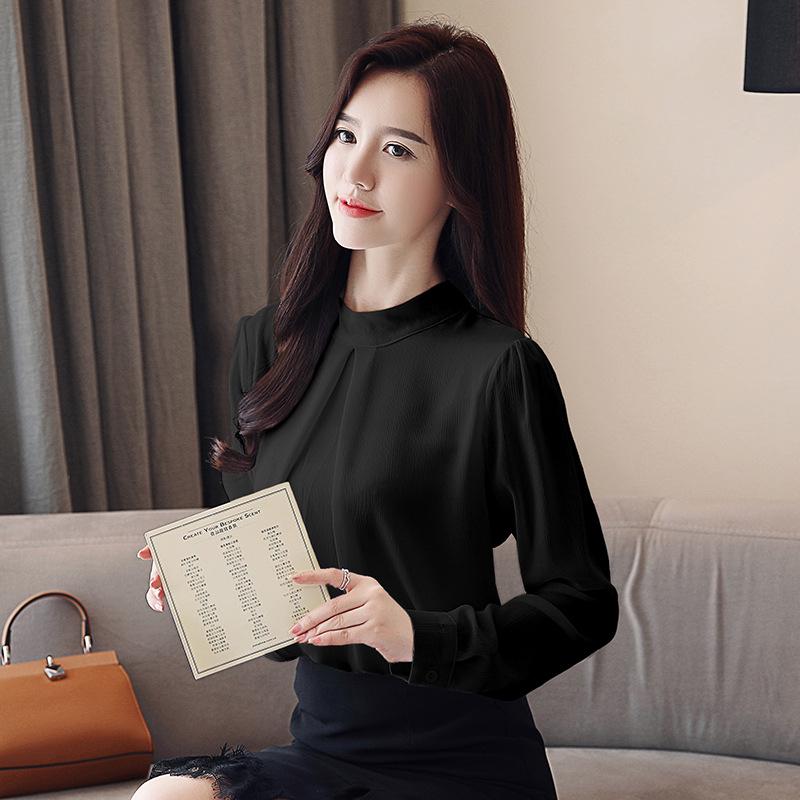 2026 Korean Style Chiffon Top: Long Sleeve, Stand Collar, Loose Fit, Belly-Covering, Versatile, Elegant, Fashionable for Spring/Autumn