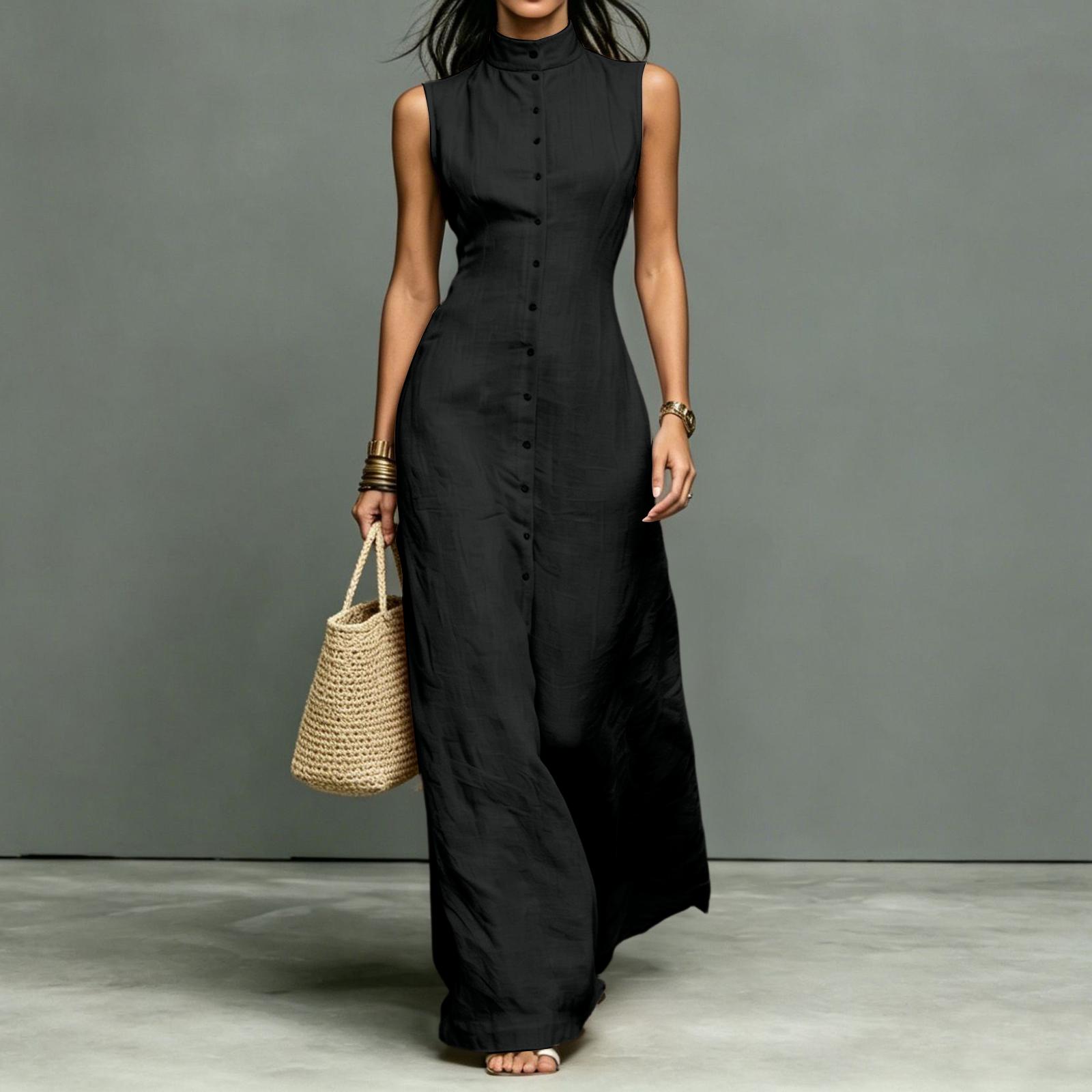 Sleeveless Maxi Dress with Stand Collar and Single Row Button Closure Long Length Casual Summer Dress for Women L чёрный