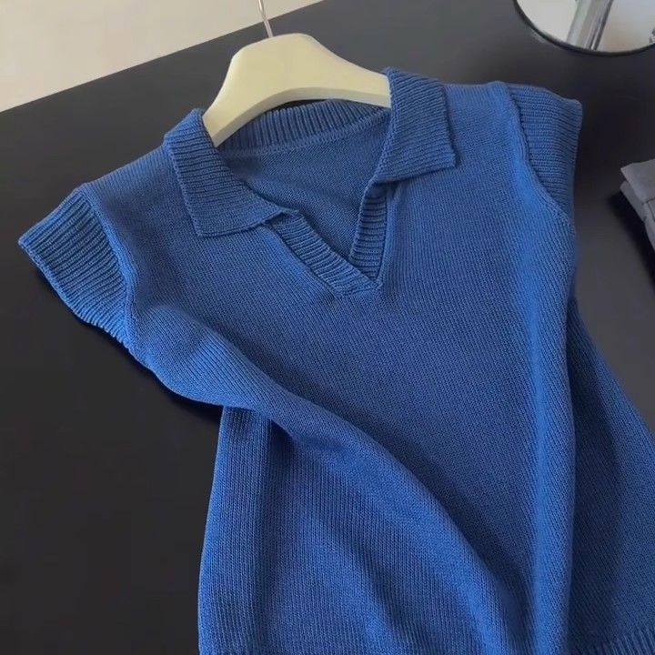 Summer Women's Collar Knitted T-shirt Short Sleeved Design Top