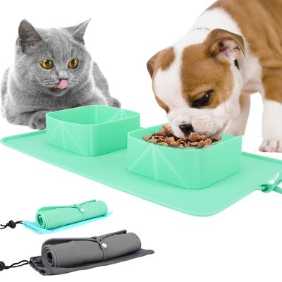 Folding Double Bowls With Flannel Bag Outdoor Travel Food Container Portable Pet Bowl Water Feeder Silicone For Dogs Cats