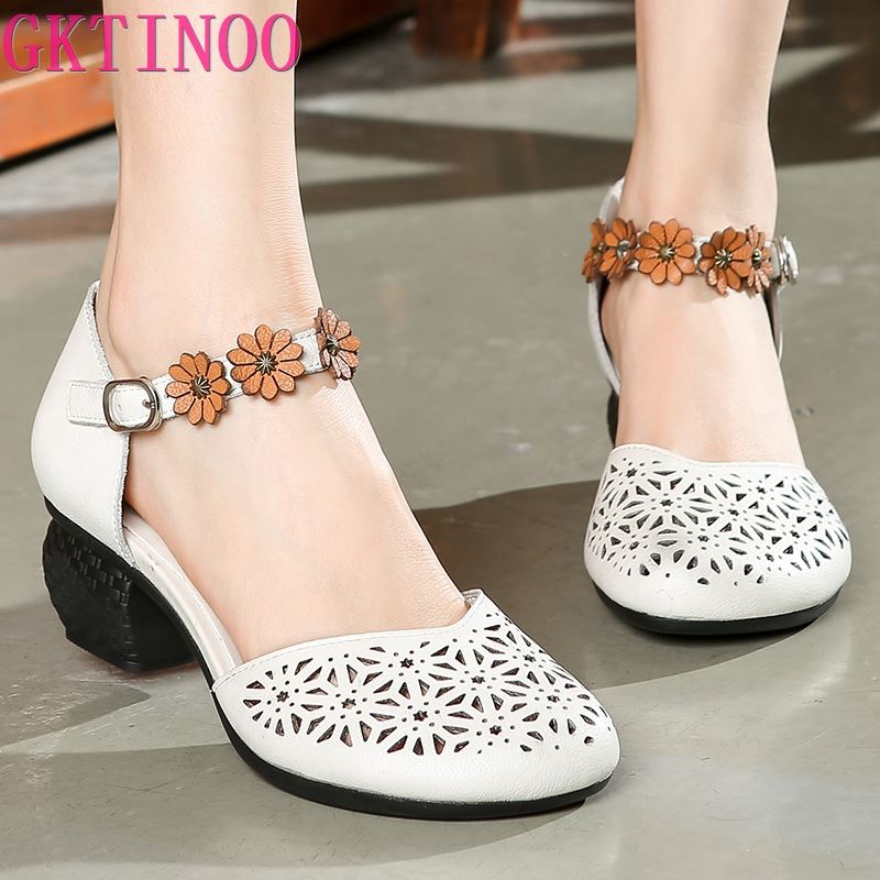 Fashion GKTINOO Genuine Leather Women Sandals Summer Shoes 5CM High Heels Retro Women Shoes 2025 Hollow Out Sandals