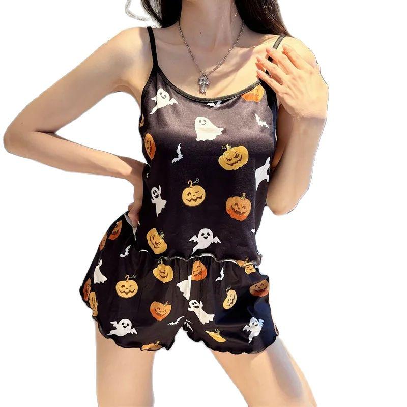 

Сексуальная женская пижама с принтом тыквы на Хэллоуин, шелковый комплект с подтяжками, домашняя одежда для сна для девочек, мягкая домашняя одежда на бретельках L
