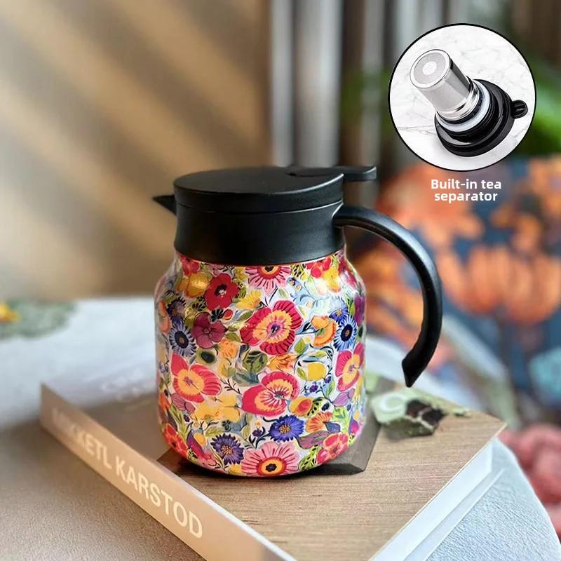 316 Stainless Steel Thermal Carafe 800ml Coffee Pot with Floral Painting with Tea Infuser Keep Warm Function Tea Pot Coffee Cup