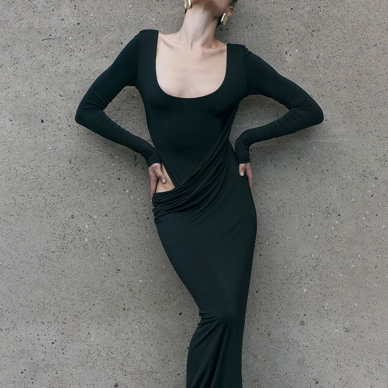 

# Sisjuly# Sexy Wind City Silhouette Irregular Hollow-out Ruched Design Silm Long Sleeves Dress Female Summer Black L