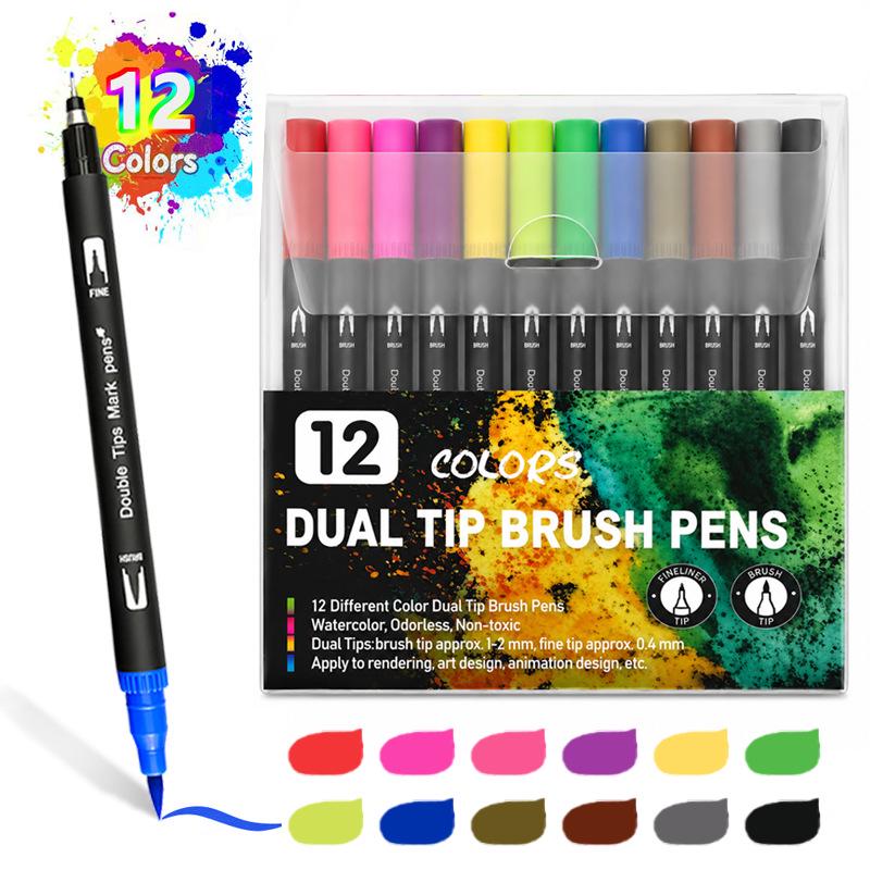 12-Color Double-Ended Marker Set: Washable, Soft-Tip Watercolor Pens for Kids' Art and Graffiti Drawing.