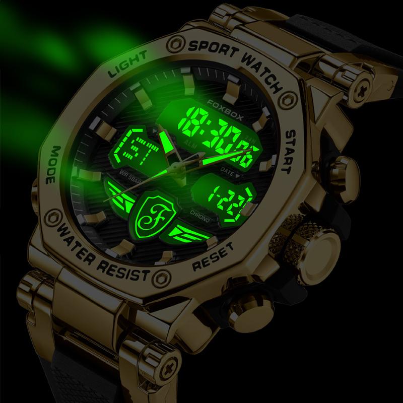 FOXBOX Fashion Luxury Electronic Watch Silicone Casual Sport Waterproof Luminous Multifunctional Quartz Digital Watches for Mens