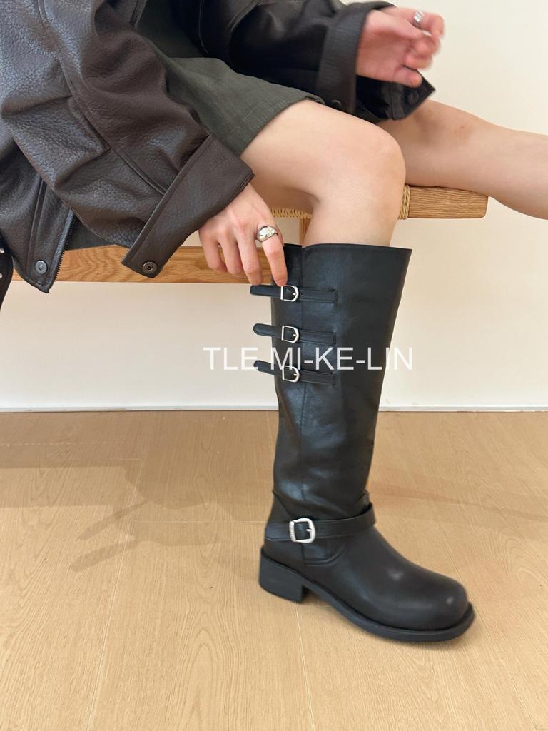Korean British style women's long boots, belt buckle color matching pile boots, medium tube knight Martin boots, but knee-thin boots