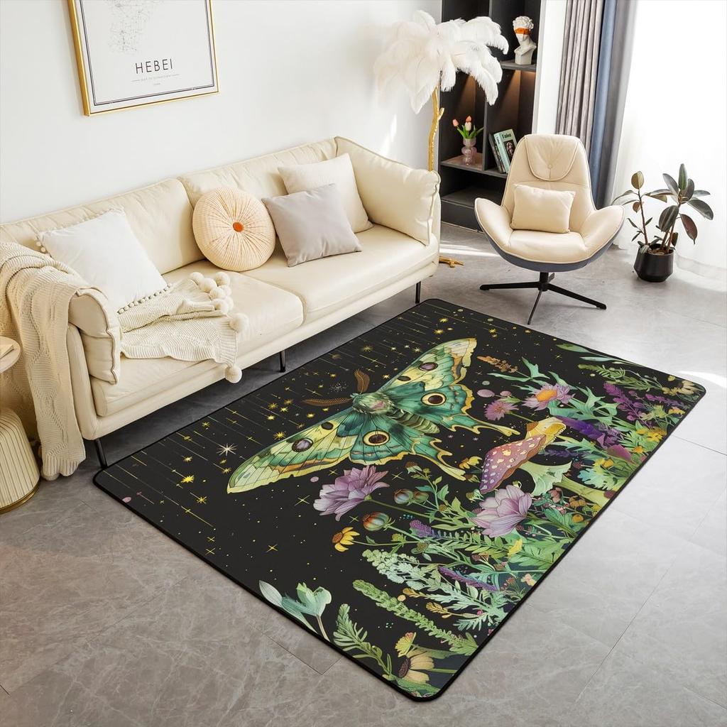 Erosebridal Moth Skull Moon Area Rug 4'11" X 3'3" Bohemian Stars Exotic Living Room Rugs Starry Sky Mysterious Decorative Carpet Black and W