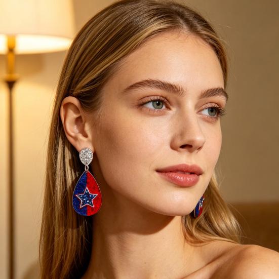 American USA Flag Earrings for Women Patriotic Red White Blue Cubic Zircon Dangle Drop Earrings, 4th of July Independence Day