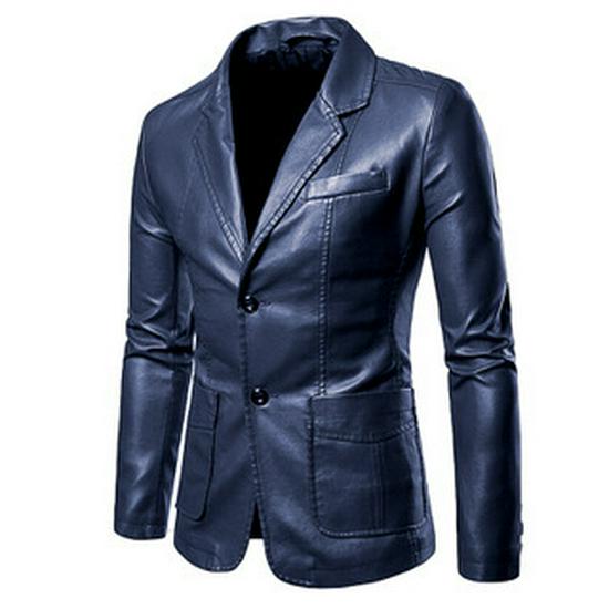 Men's Slim Fit Turn-Down Collar PU Blazer Leather Jacket