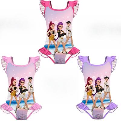 20826 Kids Girls Anime KPOP Rumi Zoey Mira Print Ruffle Sleeveless Swiming One-piece Swimsuit Swimwear