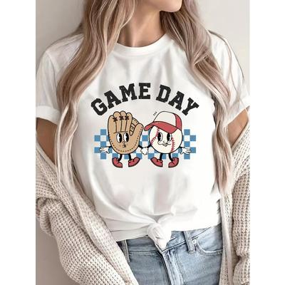 Europäische Größe Damen Lässiges Polyester-T-Shirt mit Buchstabenprint, Kurzarm Rundhalsausschnitt Top für Sommer & Frühling, Normale Länge