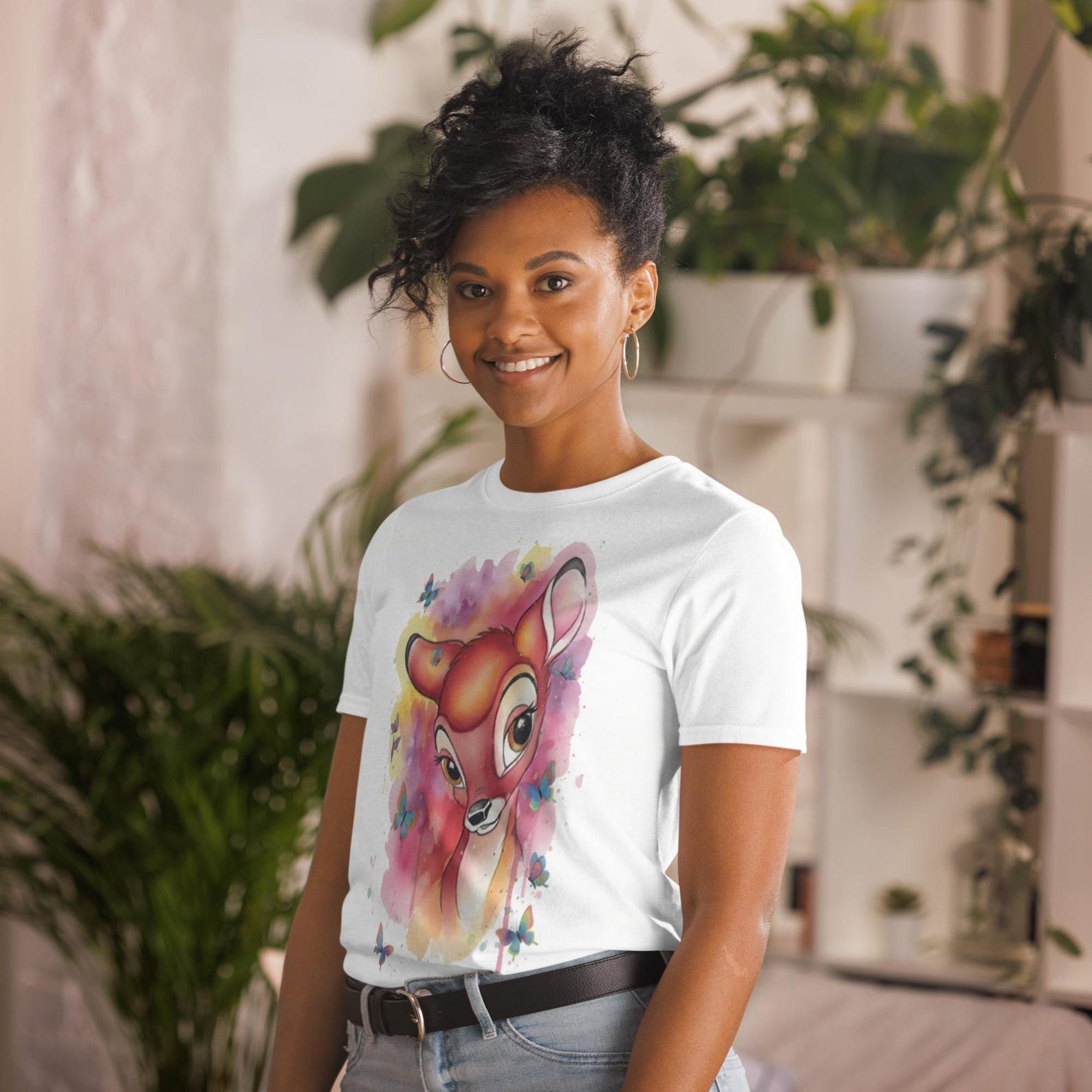 Watercolor Fawn and Butterflies Unisex Adult T-Shirt - Cute Animal Illustration, Nature Art, Casual Style Graphic Gift 3XL