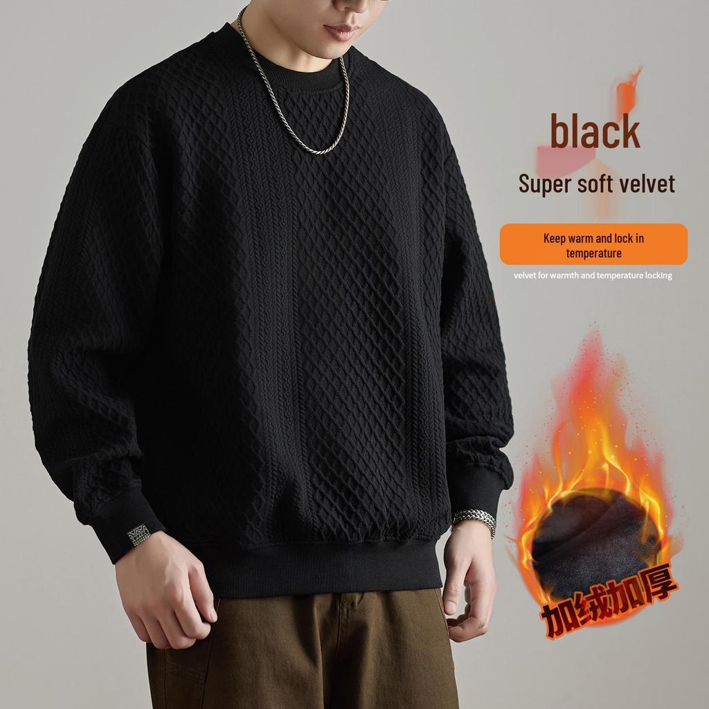 Retro Trendy Textured Jacquard Round Neck Sweatshirt for Men - Loose Fit, Plus Size Friendly, Casual Long Sleeve Top