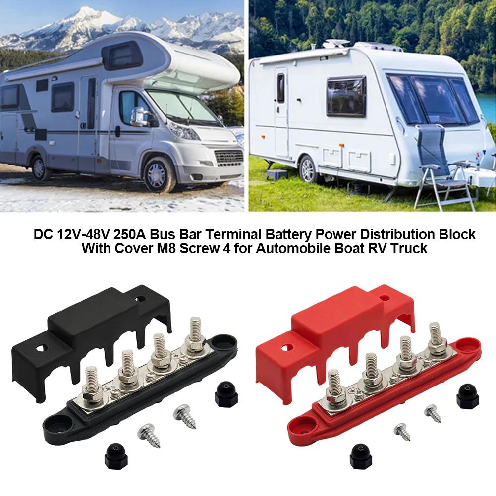 DC 12V-48V 250A Bus Bar Terminal Battery Power Distribution Block with Cover M8 Screw 4 for Automobile Boat RV Truck Automotive