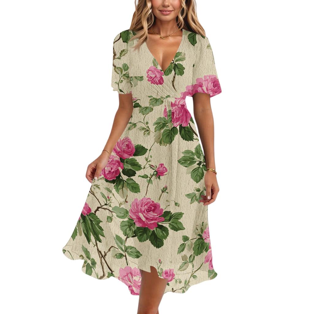 Women's Casual V Neck Short Sleeve Floral Print Dress Midi Length Lightweight Summer Dress with Elastic Waist and Flared Skirt