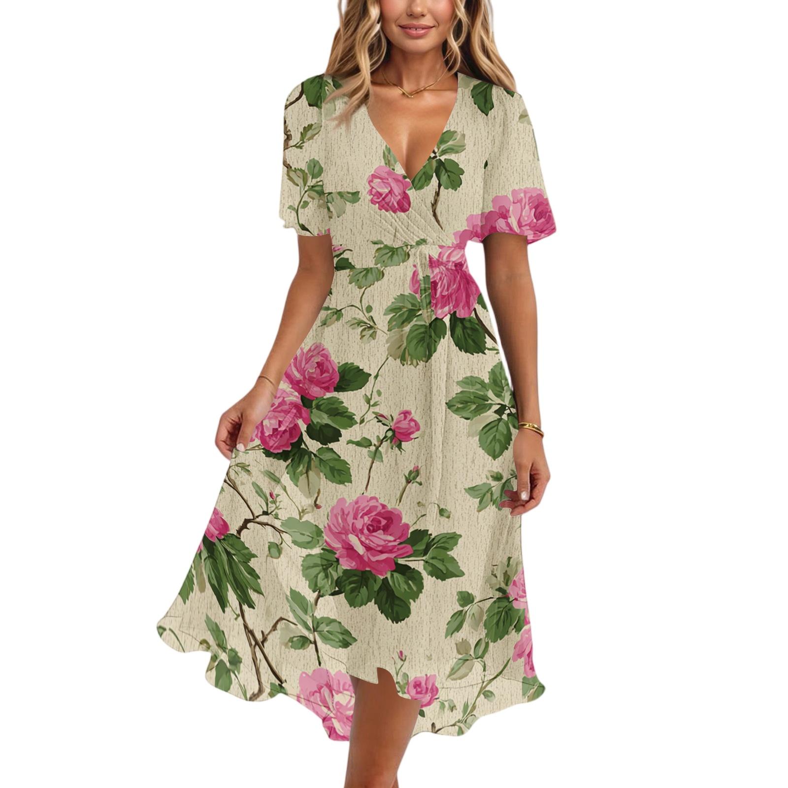 

Women s Casual V Neck Short Sleeve Floral Print Dress Midi Length Lightweight Summer Dress with Elastic Waist and Flared Skirt XXL