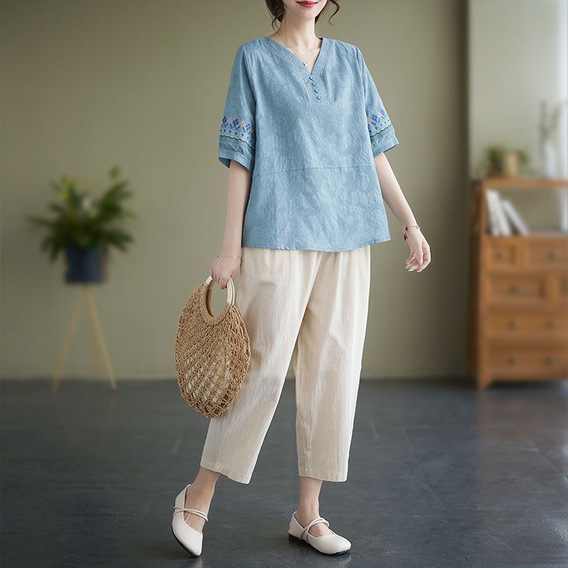 Retro summer fashion mom cotton and linen temperament loose and slim suit top