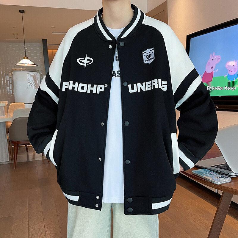 Men's Spring/Fall American Baseball Jacket: Trendy Hong Kong Style for Teens with Round Neck and Stylish Print