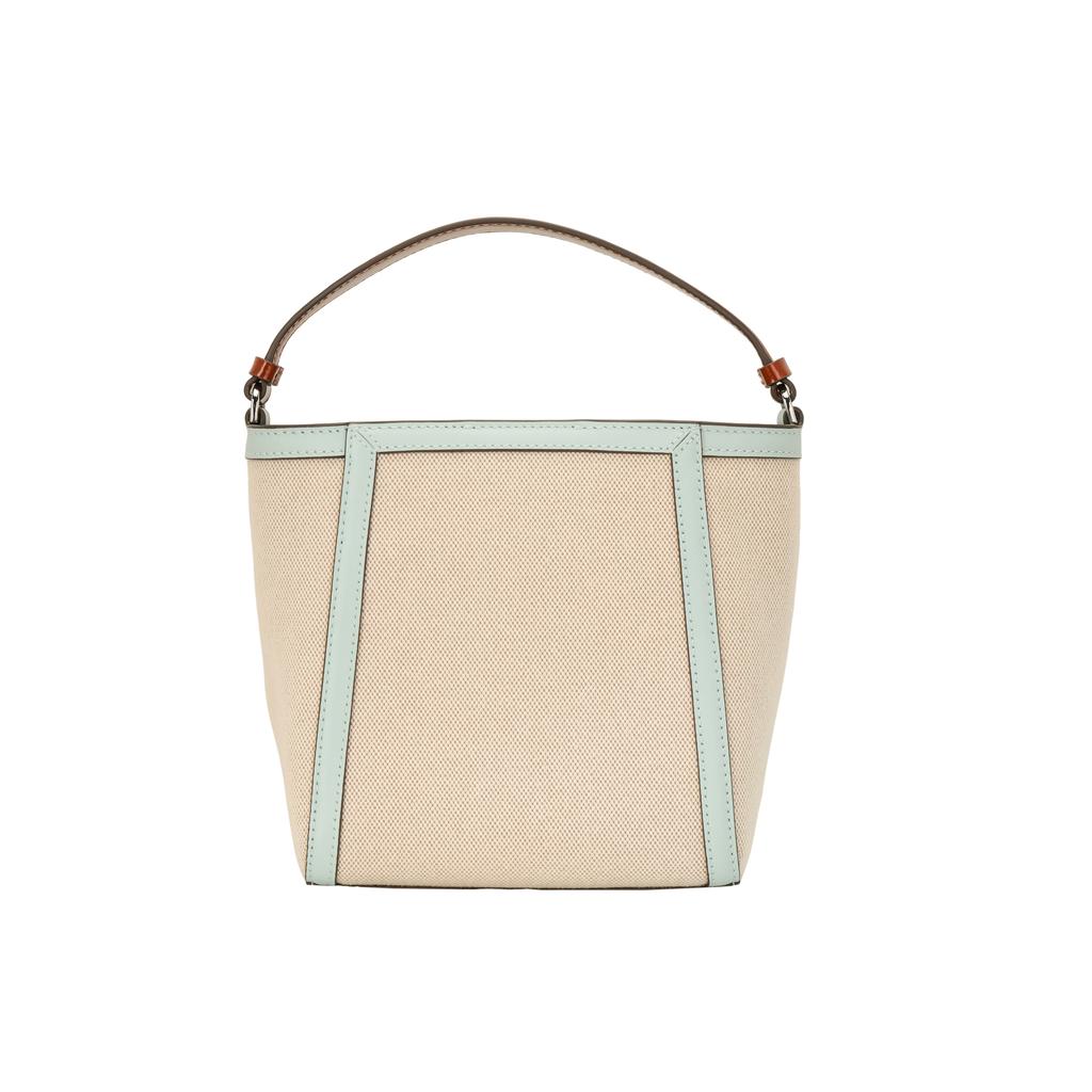 Tory Burch Mcgraw Double T Logo Beige Canvas With Navy Leather Patent Trim Bucket Bag Women Bags 145559-250