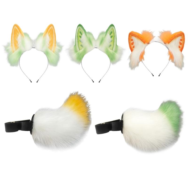 Faux Furs Bunnies Ears Headband Tail Animal Bunnies Costumes for Christmas Halloween Cosplay Party Costume Accessories