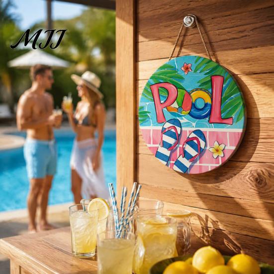 Beach House Decoration Summer Pool Wooden Hanging Sign, Weather Resistant Solid Wood Plaque with Sign Hemp Rope for Outdoor Party And Swimming Decor