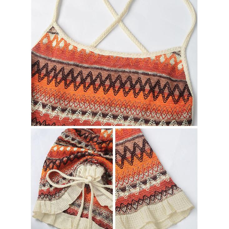 Summer New Women'S Beach Vacation Dress With Suspender Straps Colorful Stripes Knitted Drawstring Backless Strap Dress