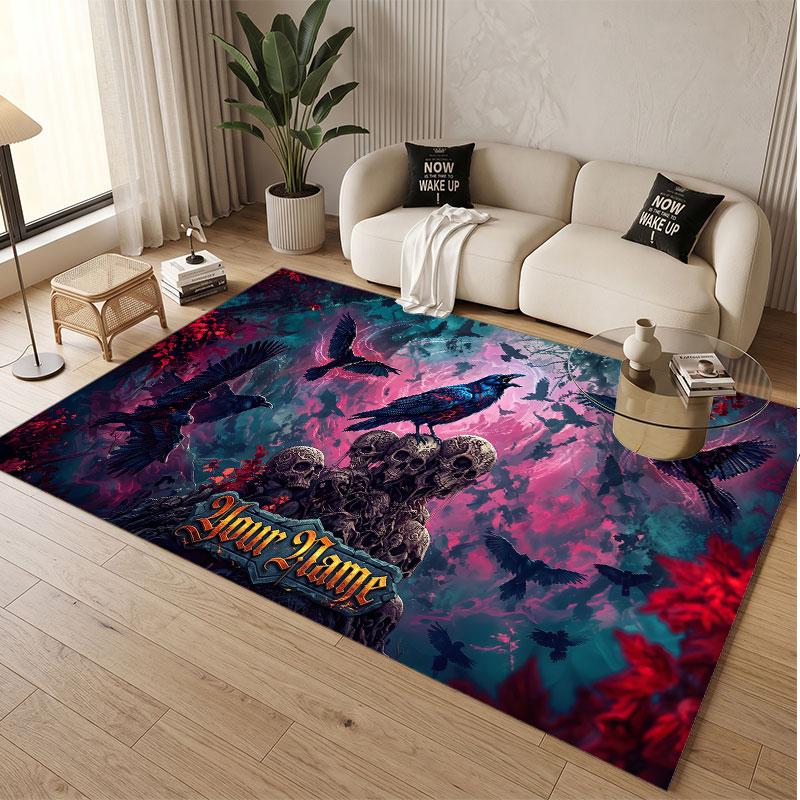 Totenkopf Gothic Thema Weicher Kristall-Samt Teppich Benutzerdefinierter Name & Text Druck Rutschfester Boden Teppich für Schlafzimmer Wohnzimmer