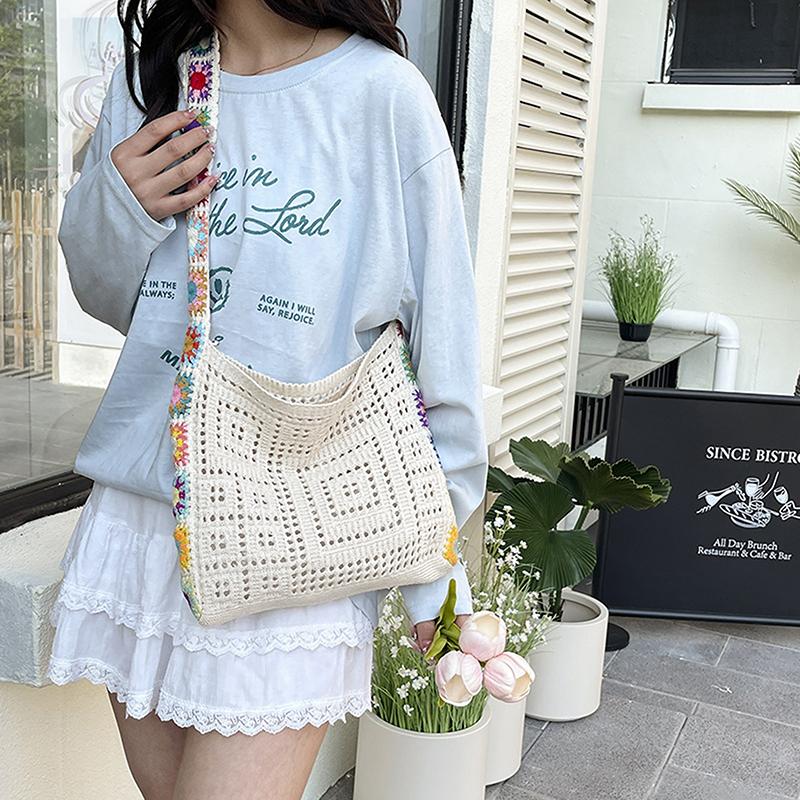 Summer Large Capacity Boho Tote Bag Floral Crochet Handbag Vintage Multicolor Cut-Out Knitted Fashionable Hollow Out Handbag