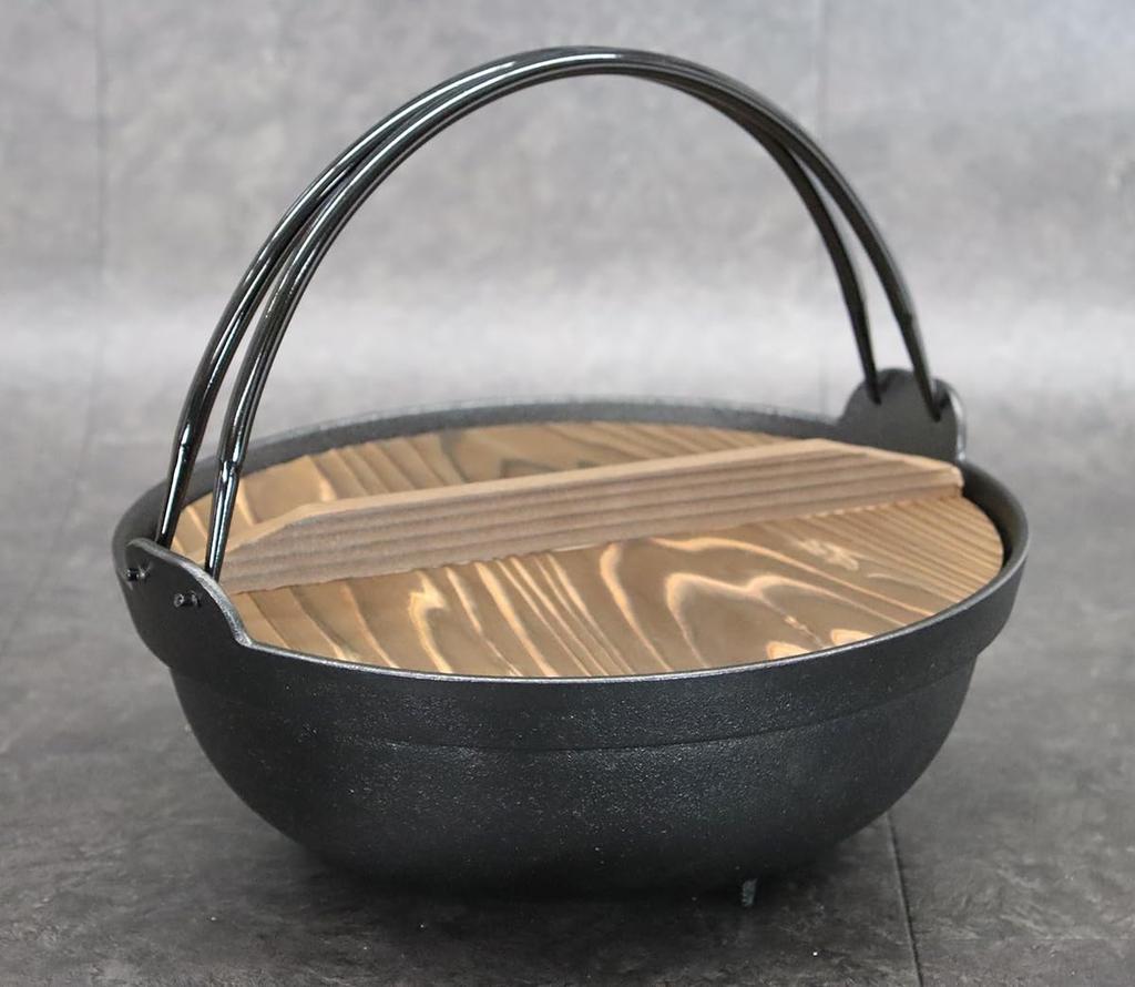 Asahi Iwate Prefecture Traditional Craftsmanship Nanbu Iron Irori Pot 27 with Two Handles and Wooden Lid and IH Commercial Use (2.8L Capacity) (Gas