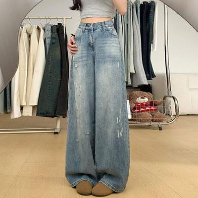 Bequeme Abdeckung Schritt Gebrochene Weitbeinjeans Damen Jahr Frühling Große Größen Hohe Taille Locker Dünn Gerade Hose Jeans für Frauen Lange Denimhose