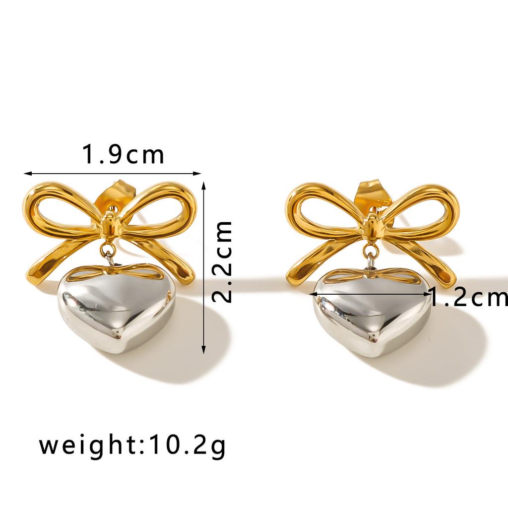 Gold Color Peach Love Drop Bowknot Earrings For Women Stainless Steel Stud Ear Accessory