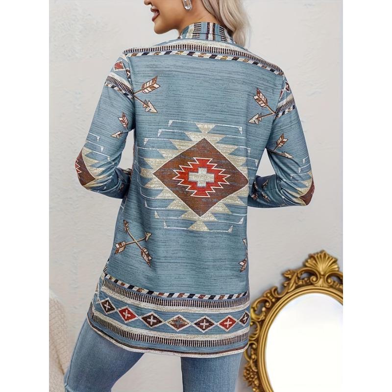 Western Ethnic Print Open Front Cardigan, Casual Long Sleeve Loose Cardigan, Women'S Clothing