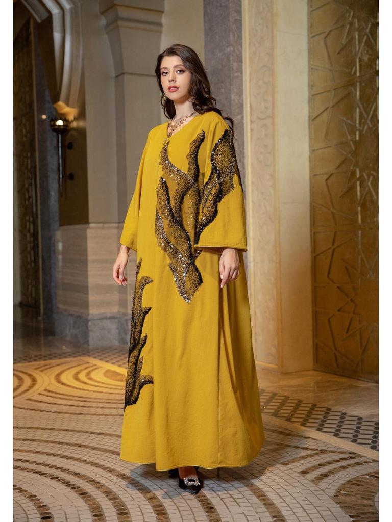 AB309 Dubai Embroidered Sequin Long-Sleeve Dress for Women
