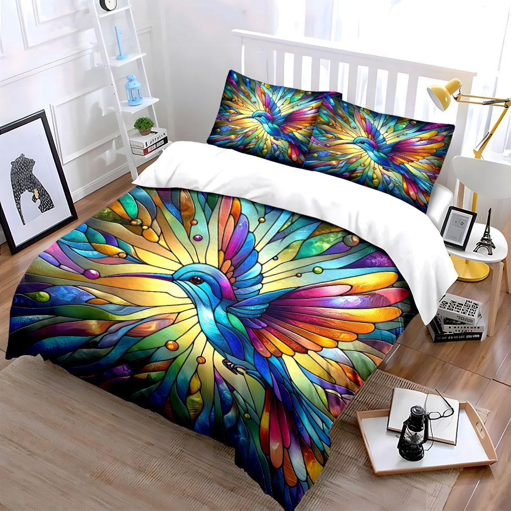 Colorful Stained Glass Bird Bedding Duvet Cover Set Duvet Cover Pillowcases (1*Duvet Cover 2*Pillowcases, without duvet insert)