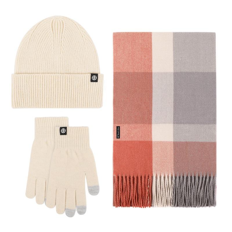 Plaid scarf winter shawl warm suit outdoor cold proof thickened knitted hat scarf gloves three-piece set
