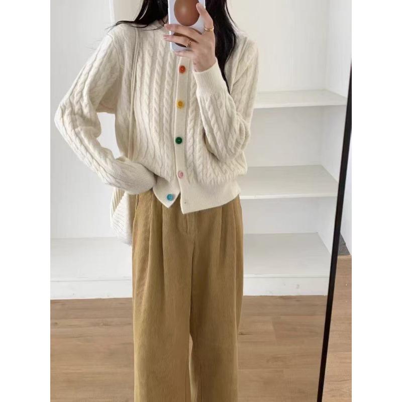 

Женский кардиган с нежным ретро-цветом, на пуговицах, с круглым вырезом, вязаный косами, осенне-зимний, мягкий, ворсистый, теплый, повседневный, куртка-свитер, тренд average size