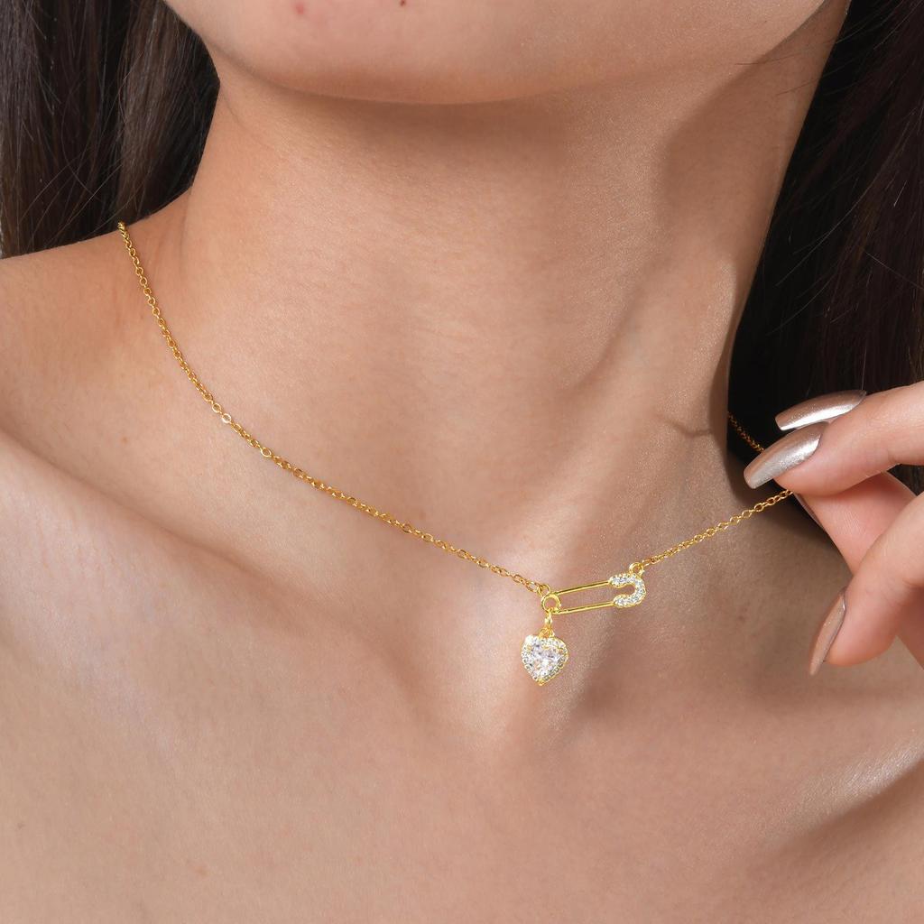 Hualanxin NC-1650 Gold Stainless Steel Heart & Zircon Brooch Necklace for Women