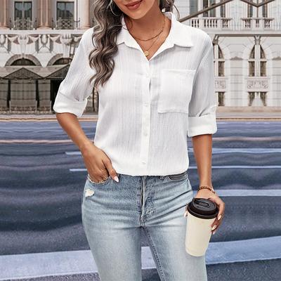 Women Spring Women Long Sleeve Lapel Single Pocket Button Shirt Blouse Top
