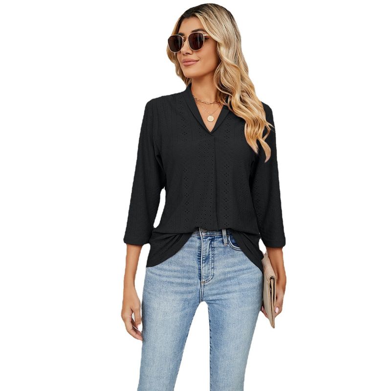 Loose Mid-Sleeve V-neck Top Fashion Jacquard Loose-Fitting Tops Middle Sleeve Pullover V Neck Tops