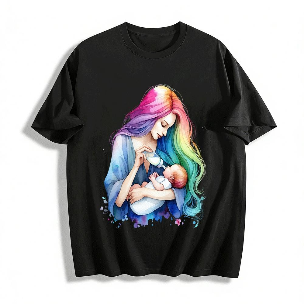 Rainbow Hair Mom Feeding Baby Graphic Casual Top Pure cotton T-shirt XXS