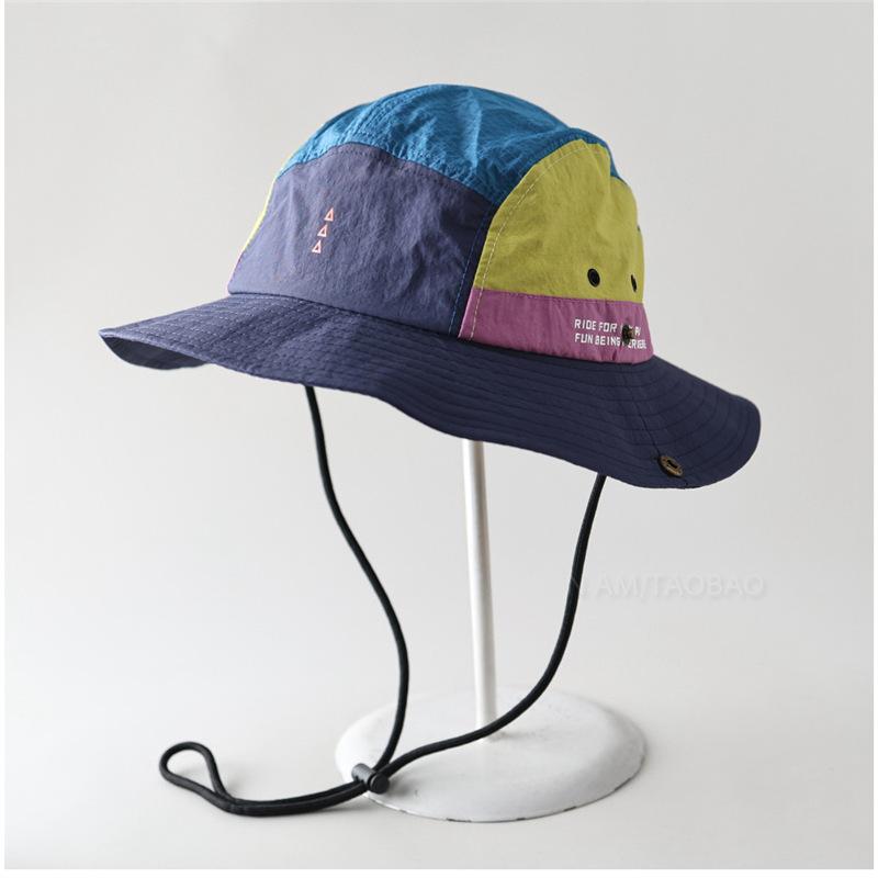 Summer Quick Dry Patchwork Bucket Hat Women Men Gorpcore Outdoor Hiking Mountain Cap Windproof Rope Sun Protection Fisherman Hat